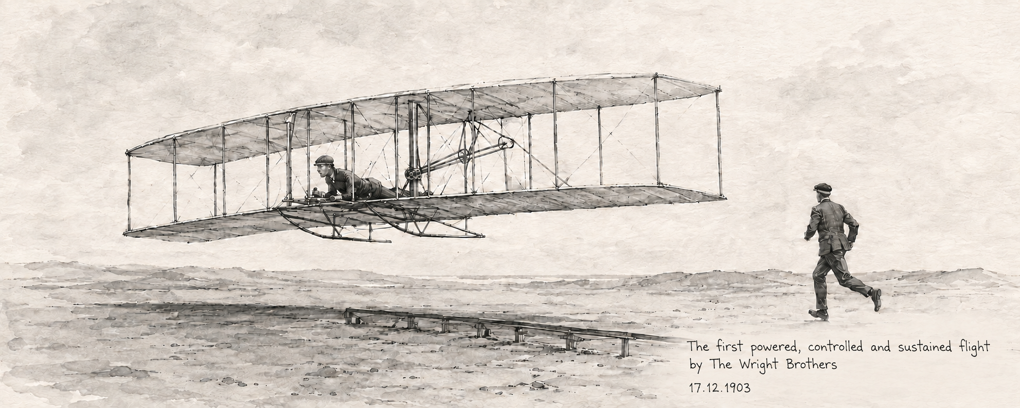 An archival pencil illustration of the Wright Flyer in flight, with a man running alongside